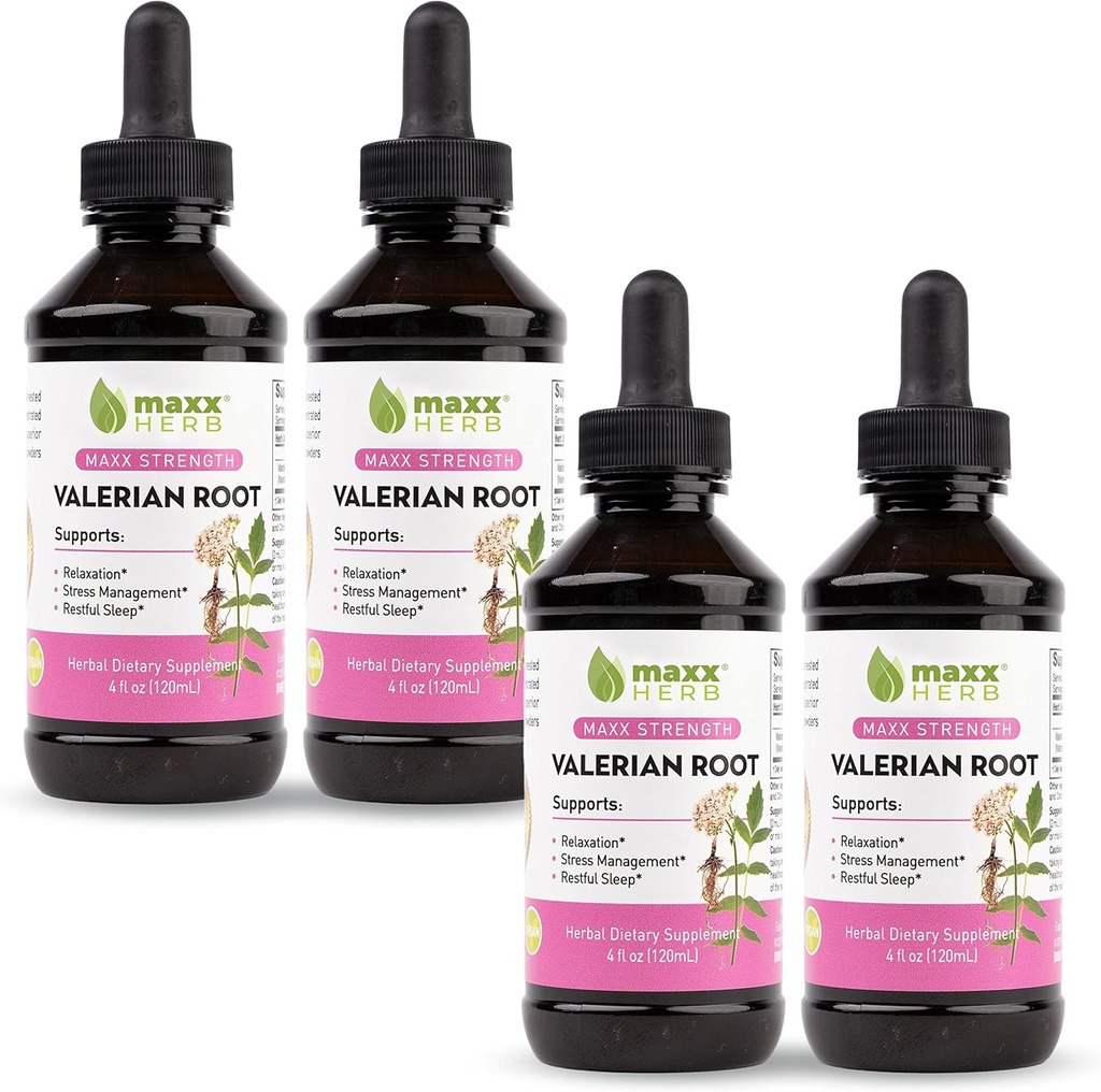 Maxx Herb Valerian Root Extract - Max Strength, Liquid Valerian Root Absorbs Better Than Capsules, for Relaxation and Restful Sleep, Alcohol-Free - 4 Bottles, 4 Oz Cada (240 Servings)
