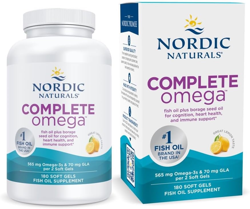 Naturales nórdicos omega completa, sabor limón - 180 geles blandos - 565 mg Omega-3 - EPA &amp; DHA con añadido GLA - Esquí saludable, Cognición, " Positivo mood - No GMO - 90 Servimientos