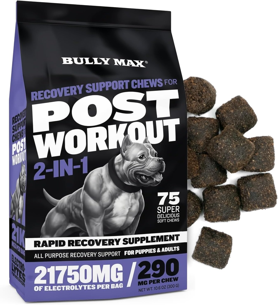 Bully Max 2-en-1 Post-Workout Recovery Asistencia Chews - Dog Vitamins and Food Supplement for Small &amp; Large Breeds - Puppy and Adult Dog Hydration &amp; Electrolyte Replenishment - 75 Soft and Tasty Chews