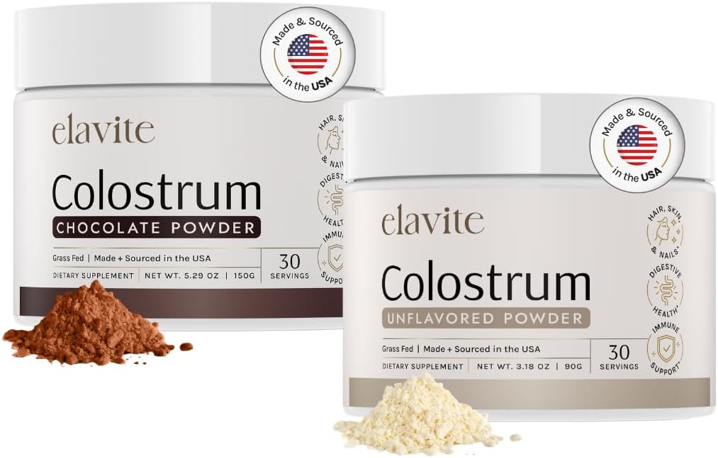 Bovine Colostrum Powder (60 Servings) Bundle Grass Fed Colostrum for Women &amp; Hombre - Suplemento para el cabello saludable, Esquí &amp; uñas - Chocolate & Unflavored - Hecho en USA