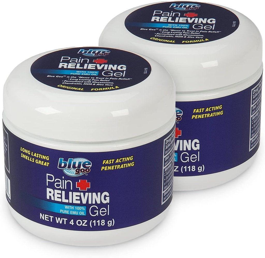 Gel de alivio del dolor de goo azul – para atrás, cuello, musculo y dolor conjunto, refrigeración rápida y calmante Alivio con 100% aceite de emu puro, 4 oz (2 paquete)