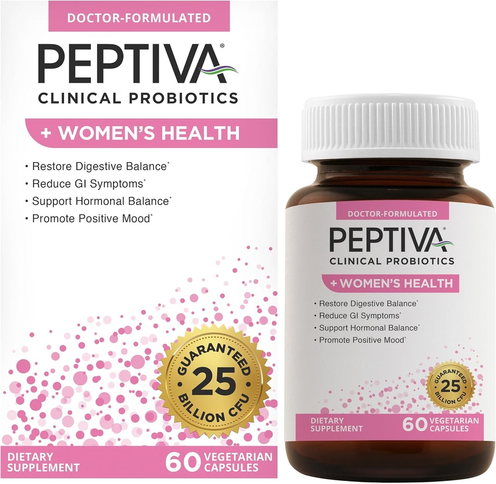 Probióticos de Peptiva para la Salud de las Mujeres - Apoyo Probiótico y Digestivo de las Mujeres, 25 Billones CFU, Probiótico Multi-Strain, Lactobacillus Acidophilus, Bifidobacterium - 60 cápsulas vegetarianas