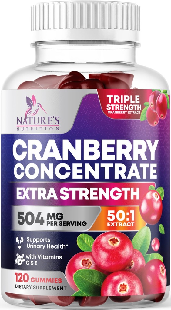 Cranberry Gummies 50:1 Cranberry Extract - Urinary Tract Support Made with 25,000mg, Helps Cleanse &amp; Protect, Cran Berry Gummy Suplemento + Vitamina C, Chewable Cran Pills for Women - 120 Gummies