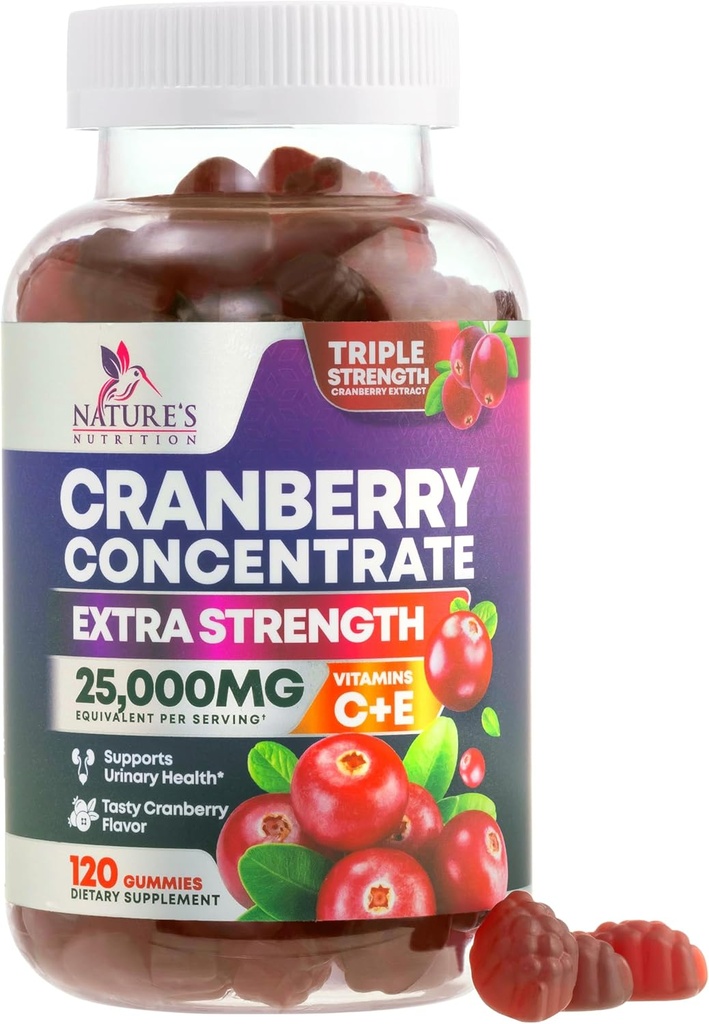 Cranberry Gummies 50:1 Cranberry Extract - Urinary Tract Support Made with 25,000mg, Helps Cleanse &amp; Protect, Cran Berry Gummy Suplemento + Vitamina C, Chewable Cran Pills for Women - 120 Gummies