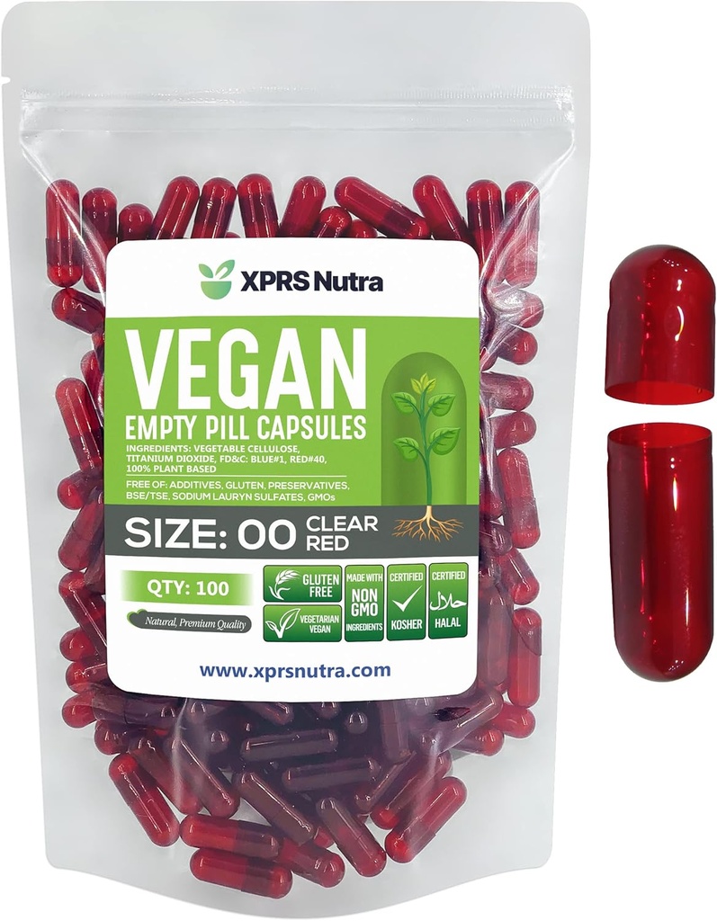 XPRS Nutra Size 00 Empty Capsules - 100 Conde Vacío Capsules Vegan - Vegetariano Pilles Vacíos - DIY Vegetable Capsule Filling- Veggie Pill Caps (Clear Rojo)