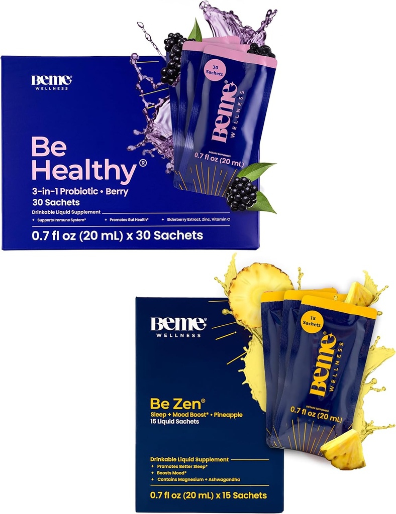 BeMe BeHealthy & BeZen Bundle - Probióticos Líquidos &amp; Magnesio Glycinate L-Theanine Suplementos