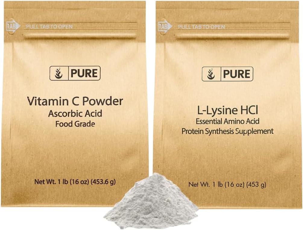PURE ORIGINAL INGREDIENTES L-Lysine HCI y Vitamn C Powder Bundle, 1 lb Cada, No GMO, Gluten Free, Suplementos dietéticos