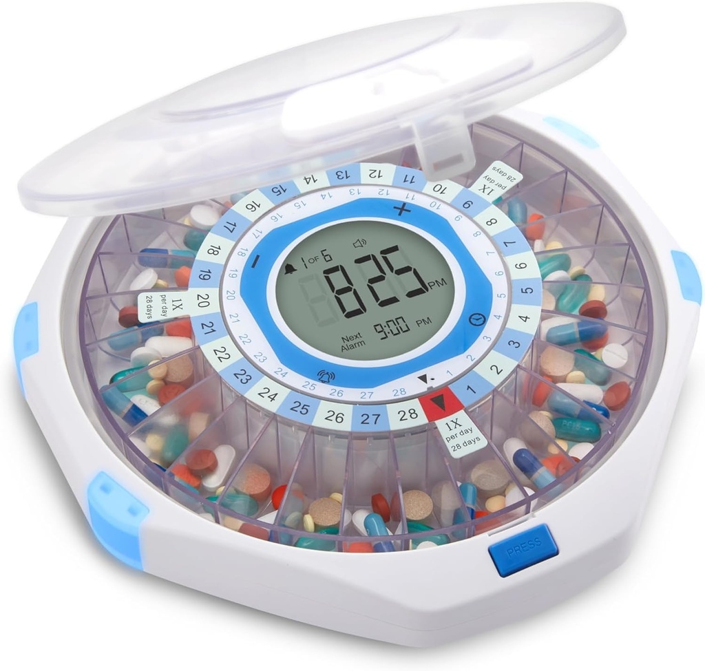 LiveFine WiFi Automatic Dispenser y Remote Medication Monitoring System with Locking Key, 28-Day Medication Organizer Up To 9 Doses Per, Adjustable Light/Sound Alarms For Prescriptions &amp; Vitami