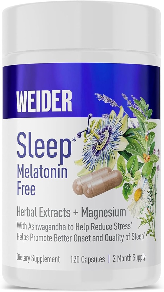 Weider Melatonin Free Sleep Aid Supplement with KSM-66 Ashwagandha, Magnesium, Lavender, Lemon Balm, Chamomile, Valerian and Passionflower Extracts, Hormone &amp; Drug- Free, Non-Habit Forming, 120ct