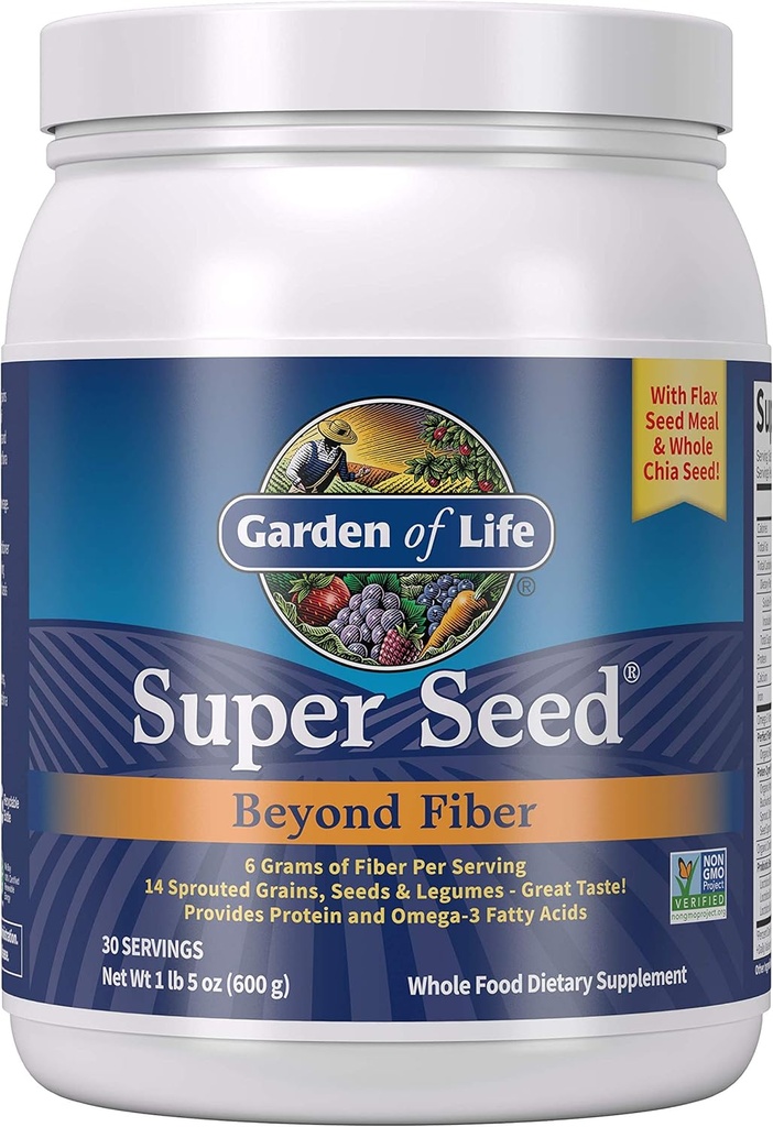Jardín de la Vida Super Semillas - Vegetariano Suplemento de fibra de alimento completo con Proteína y Omega 3, 5oz (600g) Polvo