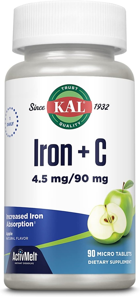 KAL Iron C, 90 Tablets, 4.5 mg/90 mg, Natural Apple Flavor, aumento de las pilas de hierro de absorción, Immune Support