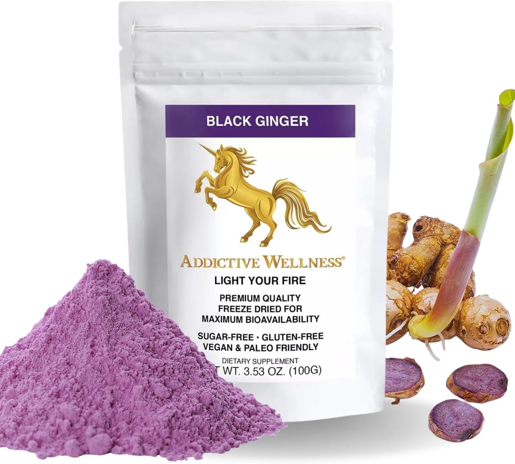 Wellness adictivo tailandés negro jengibre para los hombres, tailandés negro jengibre suplemento para apoyar el metabolismo energético, resistencia &amp; rendimiento, Freeze Dried negro jengibre pólvora, 100 gramos, Vegan &amp; Paleo
