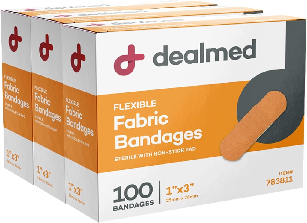 Bandas adhesivas de tejido flexible con estribillo concesionado – 1x3 Inch – 100/Box - 3 Cajas - Breathable First Aid Strip Pack - Soft Stretch Wound Patch For Medical, Emergency Kits & Clinic