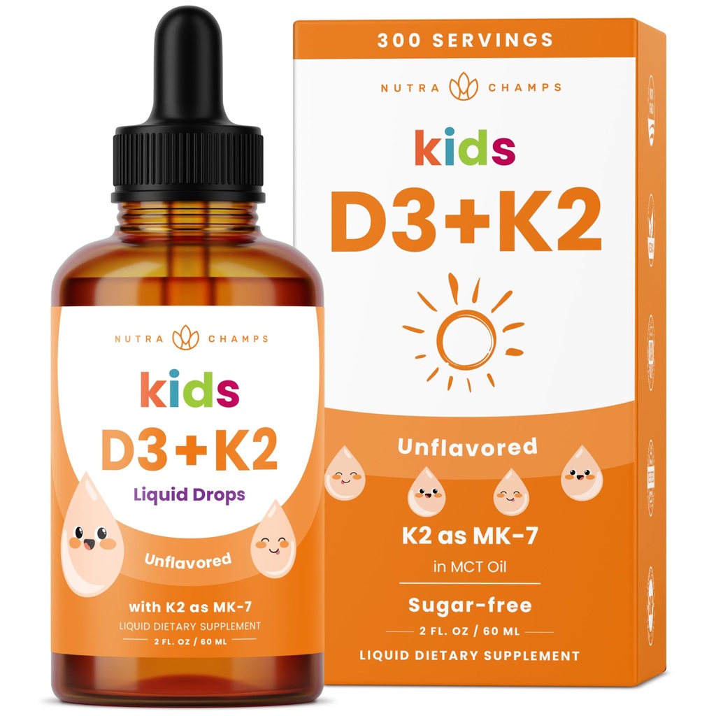 NutraChamps Kids Vitamin D 3 K2 Drops, Vitamin D3 & K2 MK-7, Liquid Vitamin D for Kids 1000 IU, Healthy Bones, Heart & Immune System, Sugar Free Supplement for Toddlers, 300 Servings