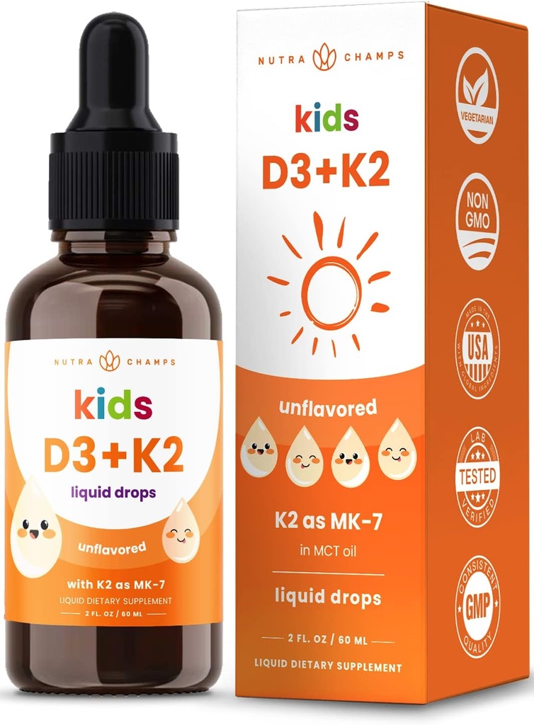 NutraChamps Niños Vitamina D 3 K2 gotas, Vitamina D3 & K2 MK-7, Vitamina Líquida D para niños 1000 UI, Huesos Saludables, Sistema de Inmunes, Suplemento Libre de Azúcar para los niños pequeños, 300 piezas