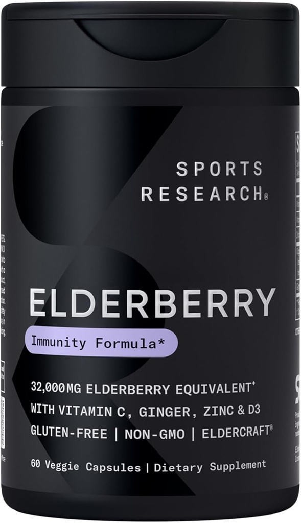 Sports Research Black Elderberry with Zinc, Vitamina C, & Vitamina D, Immune Support Suplemento para adultos, 60 cápsulas