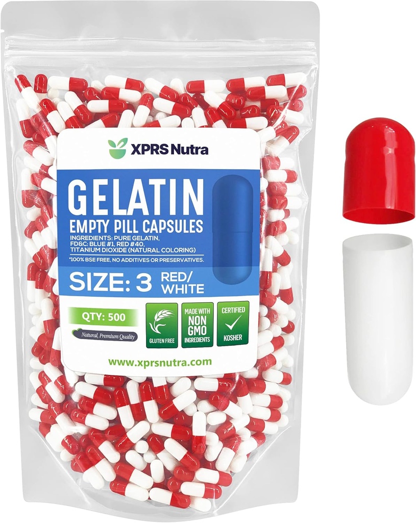 XPRS Nutra Size 3 Empty Capsules - 500 Count Empty Gelatin Capsules - Pills DIY Capsule Filling - Pure Bovine Pill Gel Caps for Do-It-youself Supplements (Red/White)