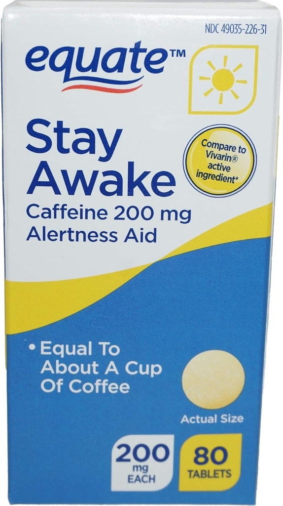 Equate - Stay Awake - Alertness Aid with Caffeine TEN Maximum Strength Silencio Reduce la fatiga - 80 Tablets 200 Mg (Pack of 2) (2)