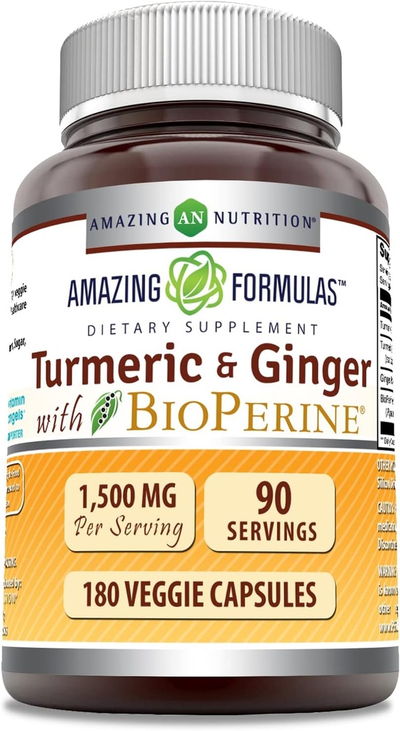 Amazing Formulas Turmeric Curcumin " Ginger with BioPerine Supplement TEN 1500 Mg Per Serving TEN 180 Veggie Capsules ← Non-GMO TEN Gluten Free ← Made in USA ← Ideal para los vegetarianos