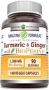 Amazing Formulas Turmeric Curcumin " Ginger with BioPerine Supplement TEN 1500 Mg Per Serving TEN 180 Veggie Capsules ← Non-GMO TEN Gluten Free ← Made in USA ← Ideal para los vegetarianos