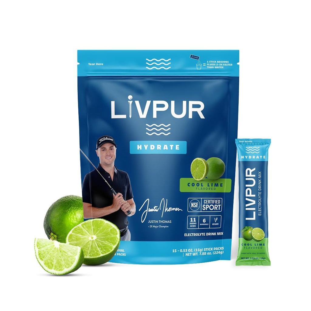 LIVPUR Electrolyte Drink Mix, Instant Hydration Powder, 15 Sticks, Essential Amino Acids, Vitamins C, B6, B12, Sports Drink Mix (Cool Lime Flavor)