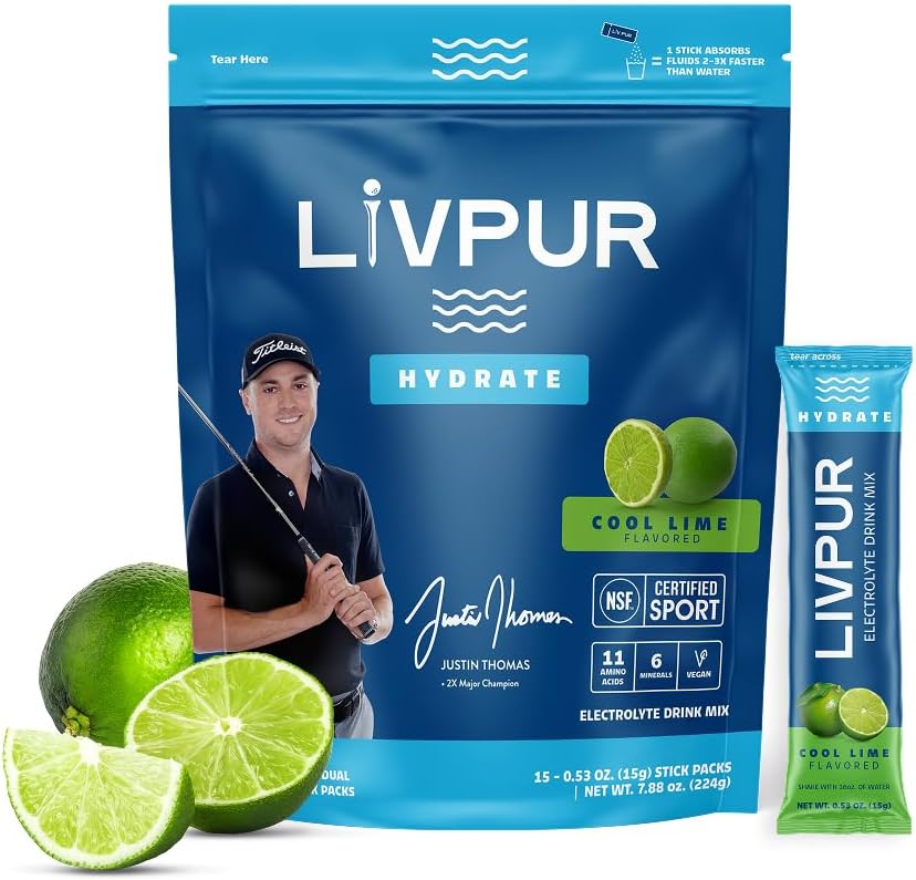 LivPur Electrolyte Drink Mix, Instant Hydration Powder with Vitamin C, B6, B12 & Essential Amino Acids for Muscle Support & Immune Health, Sports Essentials, Cool Lime Flavor, 15 Stick Packs