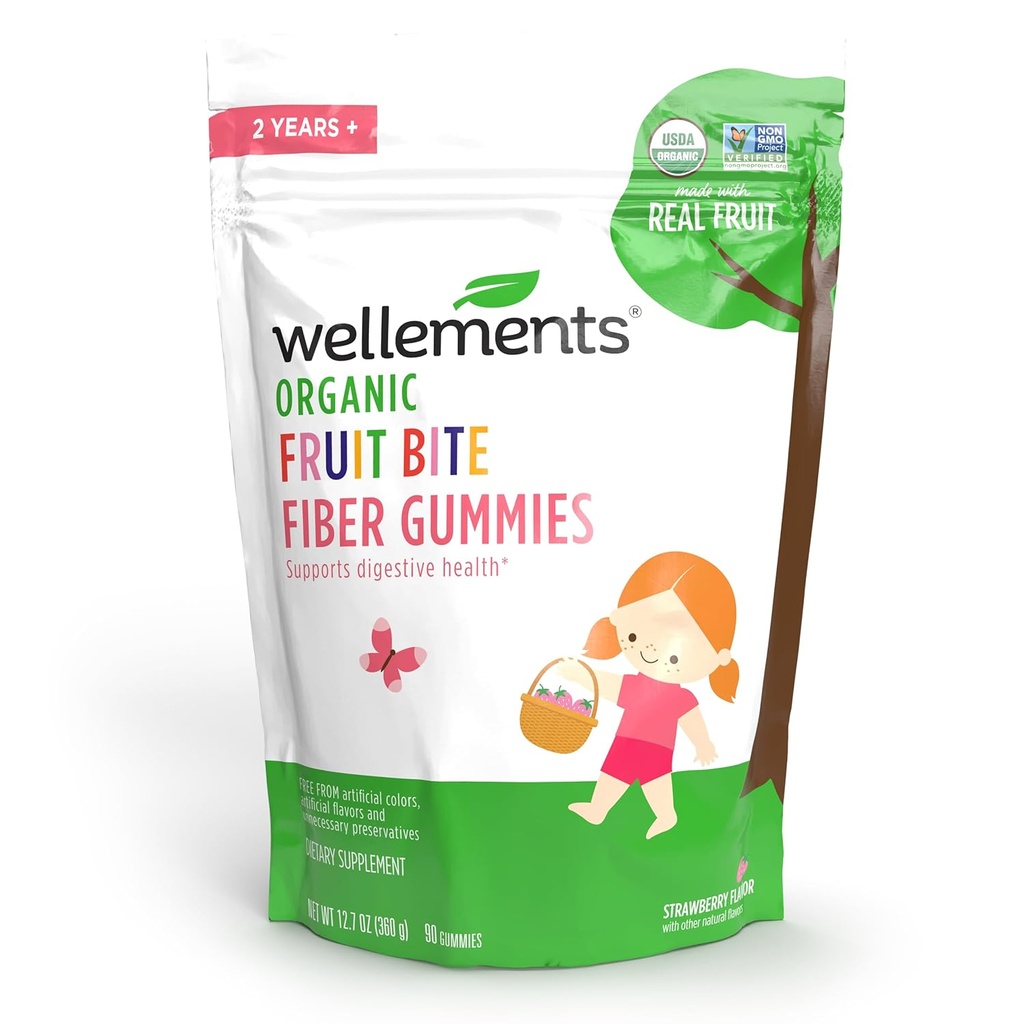 Wellements Orgánica Fiber Fruit Bite Gummies ← Asistencia para niños y niños pequeños Salud Digestiva* Silencio Made w/REAL FRUIT  3g Fiber Por Serving ← Yummy Strawberry Flavor  durable Ages 2+