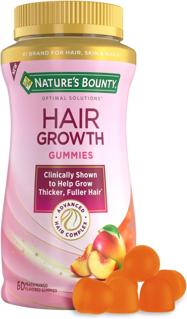 Gafas de Crecimiento de Peluquería de la Naturaleza para apoyar a los ladrones, pelo más completo con biotina, silicona " Arginina, Peach Mango Flavor – Gluten Free, Contiene No Lactose, Sodium o Fish, 60 Cuenta/30 Serviciones