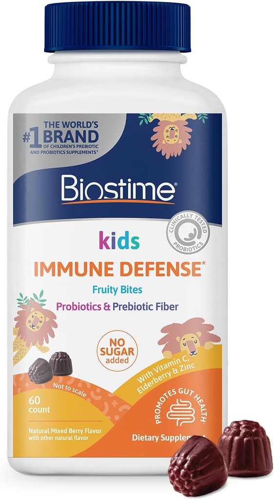 Biostime Kids immune support gummies|(Ages 4+) | Includes Vitamins D&C + Zinc & Probiotics | No Added Sugar |Kids Immune Defense Fruity Bites | Free from top 9 allergens | 60 Count