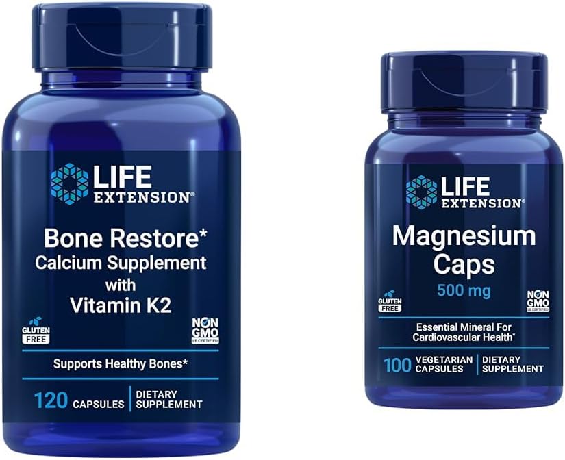 Restauración de huesos de extensión de vida + vitamina K2 Vitaminas " Minerales Mantener la salud de los huesos " fuerza " , 500 mg, óxido de magnesio, citrato, succinado, salud cardíaca, huesos saludables