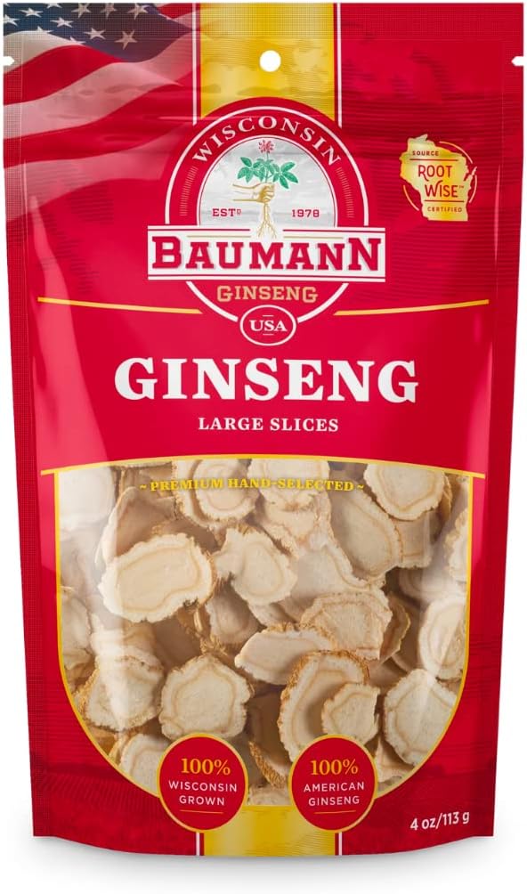 Baumann Wisconsin Ginseng - Grandes Slices 4 oz - 100% Natural Panax Ginseng Herb, Ginseng americano puramente seco para el apoyo inmunitario, enfoque mejorado y energía