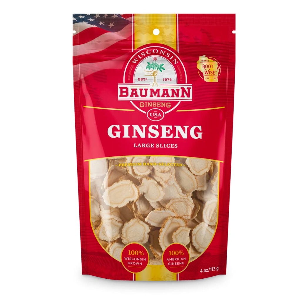 Baumann Wisconsin Ginseng - Large Slices 4 oz - 100% Natural Panax Ginseng Herb, Pure Dried American Ginseng for Immune Support, Enhanced Focus and Energy