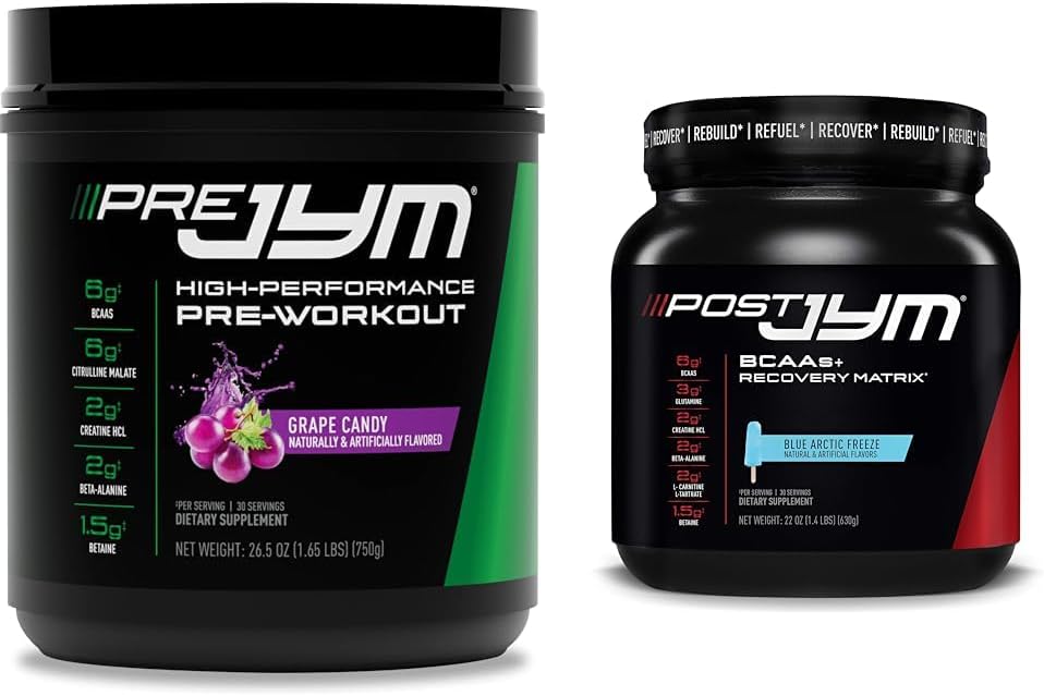 Pre JYM Grape Candy Pre Workout, Post JYM Active Matrix Post-Workout with BCAAs, Creatine HCI, Beta-Alanine ← 30 Sirve cada uno