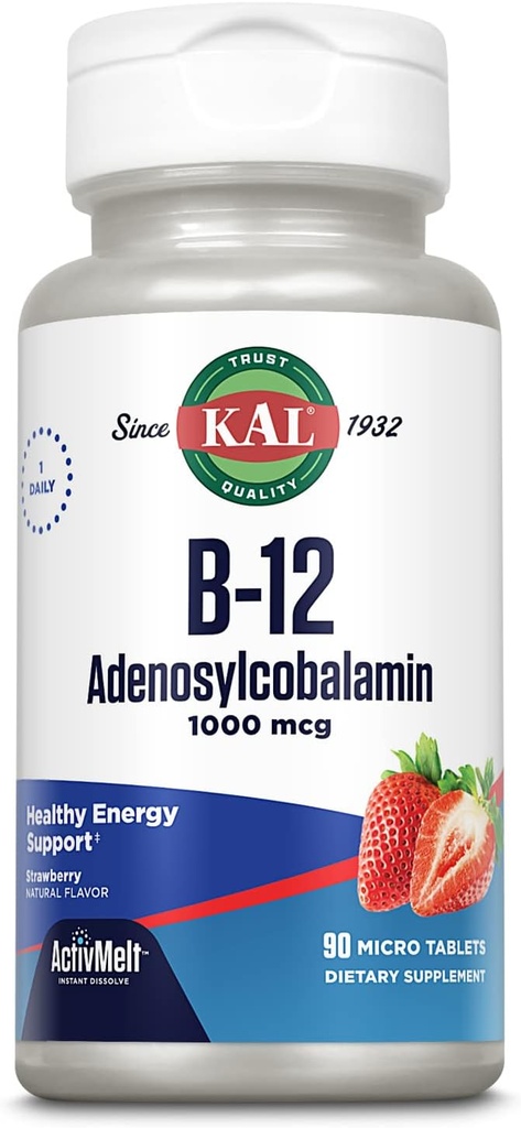 KAL Vitamina B12 Adenosylcobalamin 1000 mcg - B 12 Vitamina, Active B-12 1000mcg para Hombres Mujer, Apoyo Energético - Sabor de Fresa - 90 ActiveMelt Micro Tablets