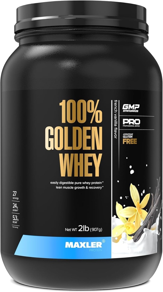 Maxler 100% Golden Whey Protein - 24g de Proteína por Servir - Premium Whey Protein Powder para Pre Post Workout - Fast-Absorbing Whey Concentrate Isolate Hydrolysate Blend - French Vanilla Protein 2lb