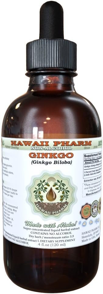 Extracto líquido libre de alcohol, Ginkgo orgánico (Ginkgo Biloba) Hoja seca Glycerite Hawaii Pharm Natural Herbal Suplemento 4 oz