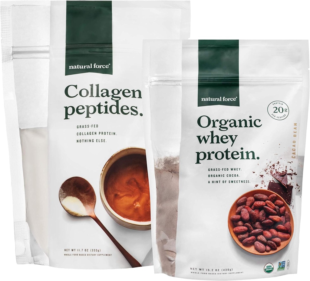 Natural Force Clean, Grass Fed Collagen Peptides + Chocolate Organic Whey Protein Bundle – Organic, Non GMO Whey Protein & Hydrolyzed Tipo I y III Collagen – 15.2 Bolso de onda y 11.7 Bolso de onza
