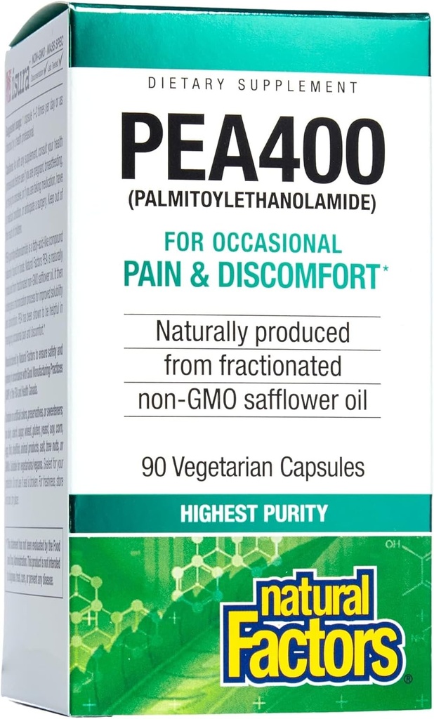 Factores naturales PEA400 - Pura Palmitoylethanolamida para Alivio - Apoya el Sistema Nervous " Occasional Discomfort - Non-GMO - 90 cápsulas (90 piezas)