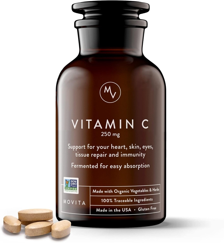 Movita Fermented Vitamina C 250mg – Booster Inmunity, Protección Antioxidante, Síntesis de Colagen de Ayudas " Absorción de Hierro: Orgánica, Vegana, Libre de Gluten, No GMO – Suministro de 30 días (Glass Bottle)