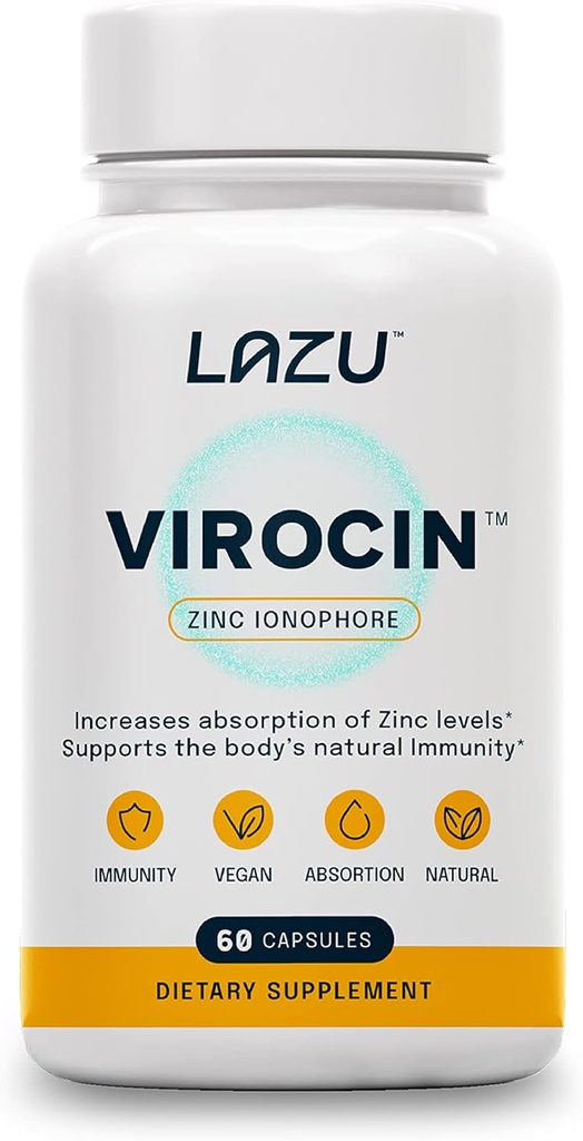Lazu Virocin - Suplemento Zinc - Zinc Ionophore ANTE Zinc, Vitamina C, Vitamina D3 Silencio Enhanced Immune Support and Rapid Absorption ← 60 Capsules