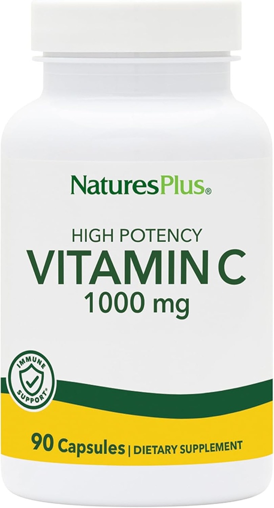 Natures Plus Vitamina C - 1000 mg Ácido Ascórbico, 90 cápsulas vegetarianas - Suplemento de soporte Vascular e Inmuno de alta potencia, Antioxidante - libre de maíz, libre de gluten - 90 piezas
