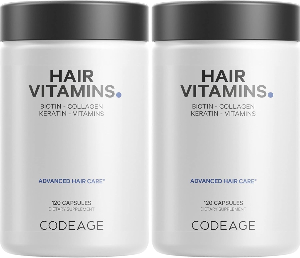 Codeage Hair Vitamins 10000 mcg Biotin, Keratin, Collagen, Vitamina A, B12, C, D3, E, Zinc, Turmérica, Probióticos, Enzymes, Inositol - Cuidado del cabello Soporte - Saludable Hair Supplement Pills - 2 Pack