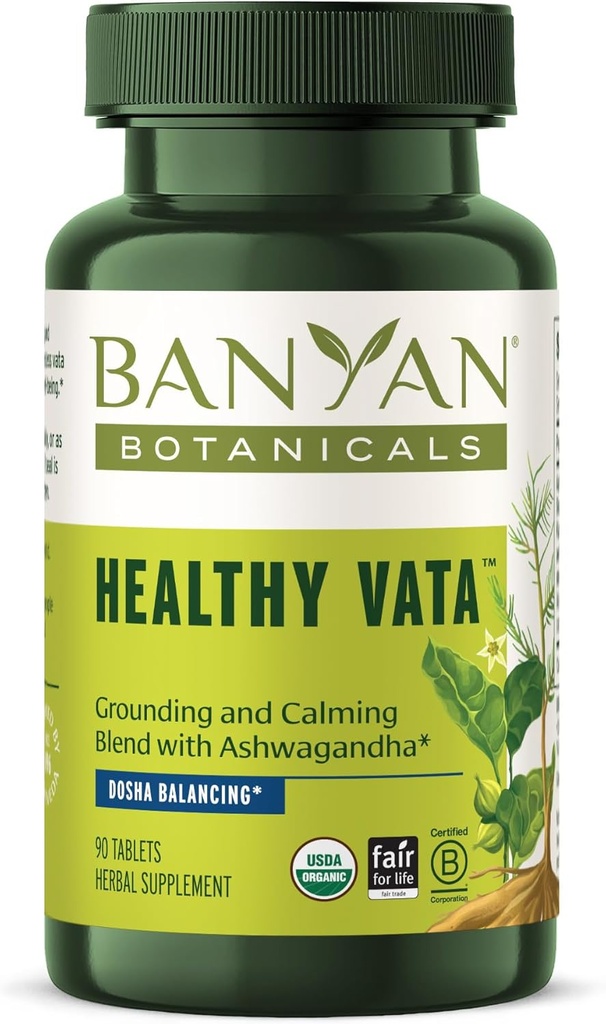 Banyan Botanicals Healthy Vata – Suplemento Herbal Orgánico con Ashwagandha, Shatavari &amp; Other Ayurvedic Herbs for Calm and Balanced Well-Being* – 90 Tablets – Non-GMO Sustentably Sourced Vegan
