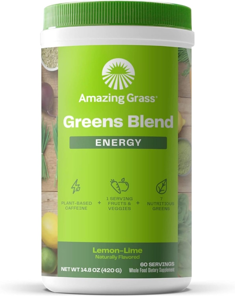 Increíble Grass Greens Blend Energy: Smoothie Mix, Super Greens Powder " Plant Based Caffeine with Matcha Green Tea " Beet Root Powder, Lemon Lime, 60 Servings (Packaging May Vary)