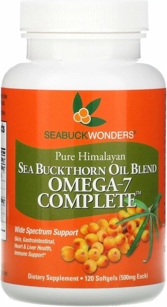 SeabuckWonders Organic Sea Buckthorn Oil, Omega-7 Complete Softgels, 120 Cuenta, con Omega 3, 6 &amp; 9, soporta el cabello, piel &amp; salud de uñas, 1000 mg por servicio