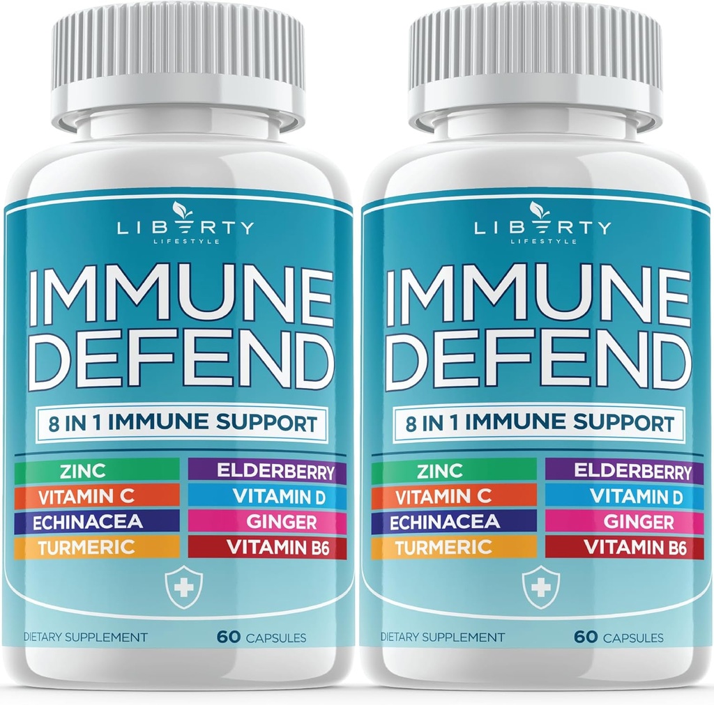 8 en 1 Apoyo de Defensa Inmune, Vitaminas Inmunitarias Suplemento Booster con zinc 50mg, vitamina C Elderberry Vit D3 5000 UI, Turmérica Curcumin &amp; Ginger, Echinacea - Alivio de Alergia para Adultos Niños (2 Pack)