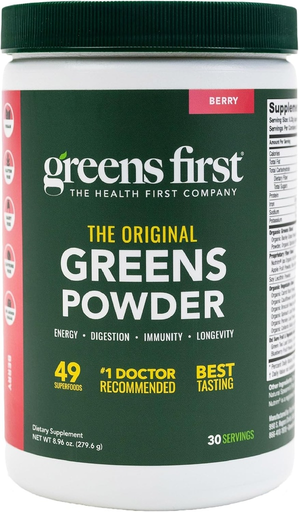 Greens First Original Greens Powder - 49 Superfoods - Organic Fruits & Veggies - Prebiotics, Probiotics & Digestive Enzymes - Antioxidant Smoothie - Dairy Free, Vegan " Non-GMO (Berry, 30 Servings)