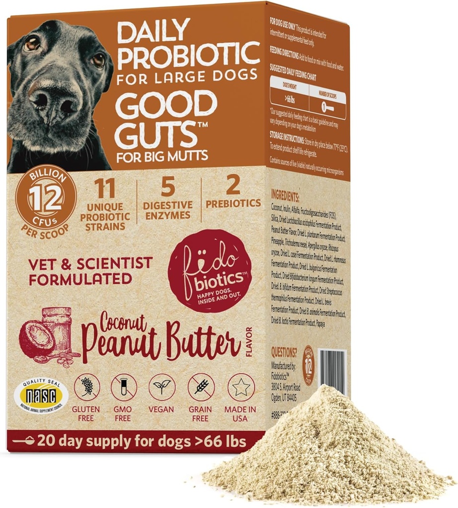 Fidobióticos Buena Guts for Big Mutts Probiótico for Dogs, 12 Billion CFUs, 11 Strains, 5 Enzymes Digestivos, 2 Prebióticos, Digestive Gut Health for Dogs, Adult &amp; Puppy Probiotics Supplements (20 Days)