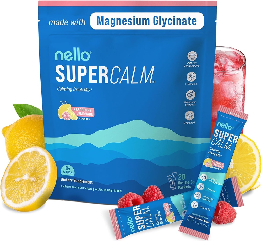 Nello Supercalm Powdered Drink Mix, Raspberry Lemonade, L Theanine, Ksm-66 Ashwagandha, Magnesium Glycinate, Vitamin D 3, Supplements for Relaxation & Focus, No Sugar, Non GMO, On The Go, 20 Ct