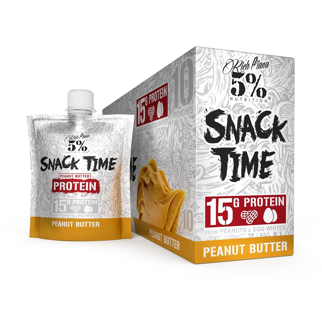 Rich Piana 5% Nutrition Snack Time | Squeezable Protein Shots | High Protein Snack Pouches | Convenient, Real Food Protein from Peanuts & Egg Whites | 10-Count (Peanut Butter)